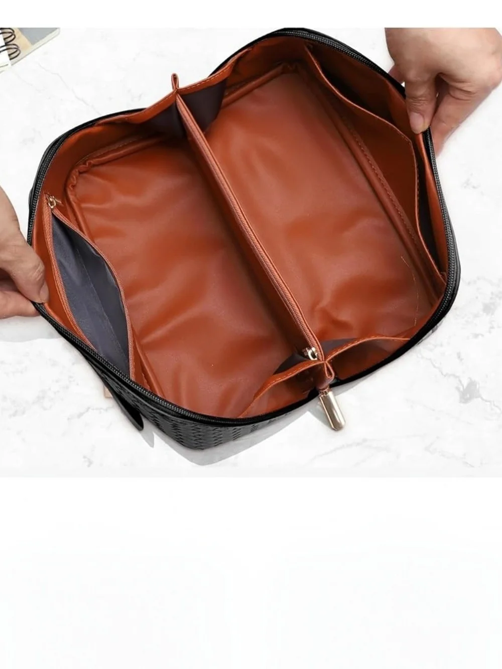 Black Woven Cosmetic Travel Case with Gold Hardware